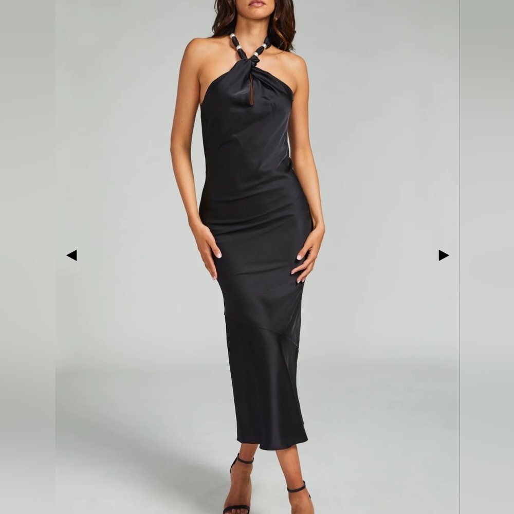 Black Maxi Satin Slip Dress Pearl Neckline Detail